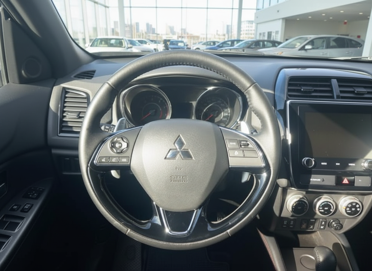 Mitsubishi Innenraum mit Lenkrad, Instrumententafel und Infotainmentsystem