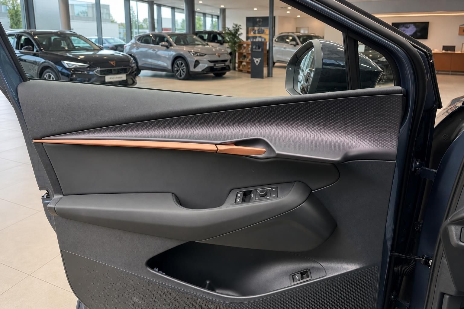 Cupra Tuerverkleidung mit Bedienelementen und Aussenspiegel im Detail