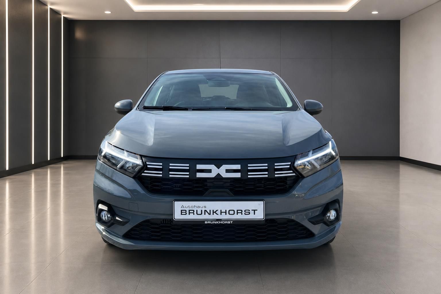 Dacia Sandero Frontansicht grau - markantes Design mit DC-Logo und LED-Scheinwerfern