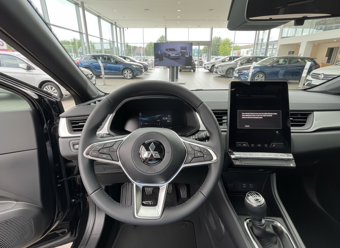 Mitsubishi Innenraum mit Lenkrad, digitalem Cockpit und Touchscreen-Infotainment im Autohaus