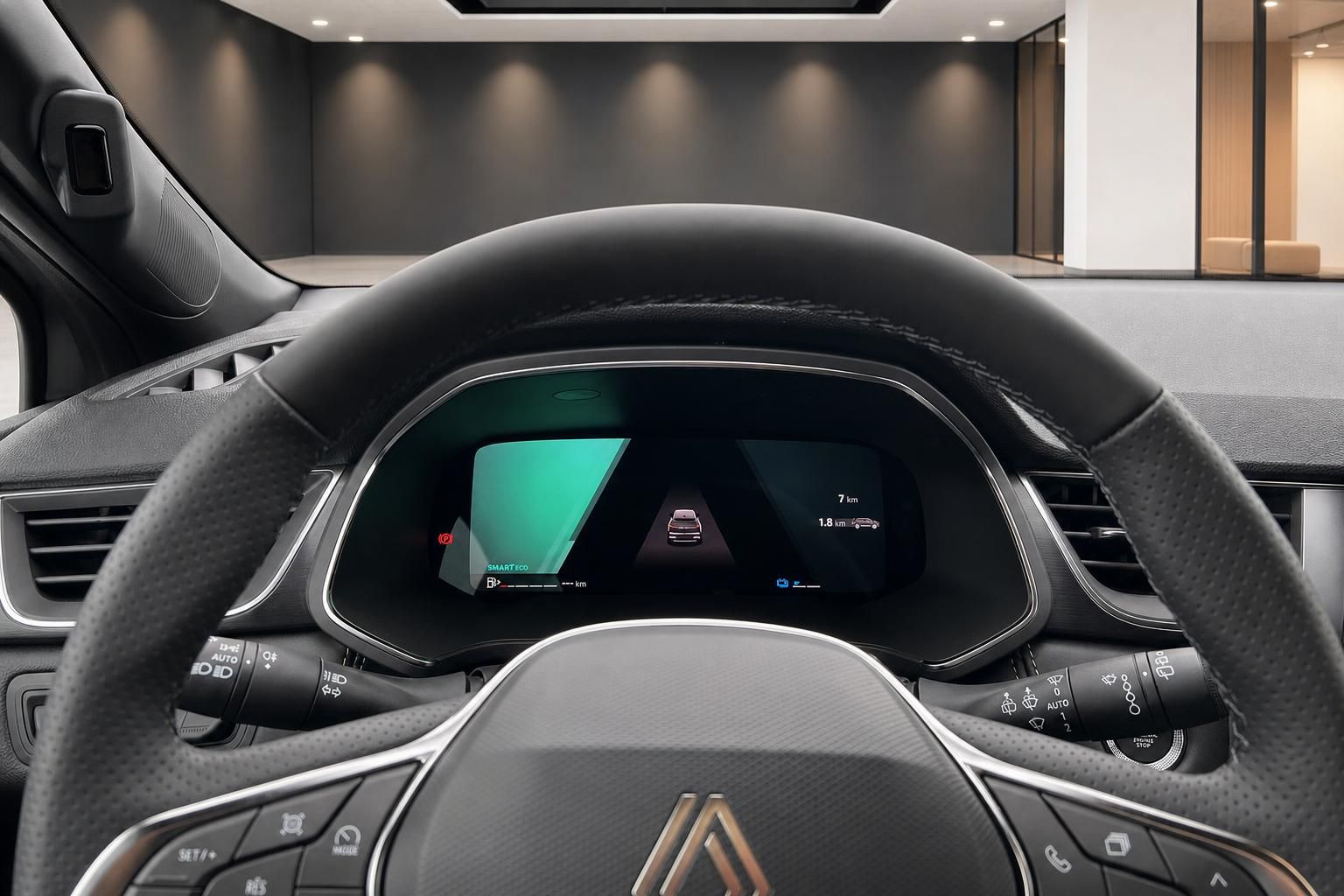 Cockpit mit digitalem Tacho und Rückfahrkamera-Anzeige im Fahrzeug