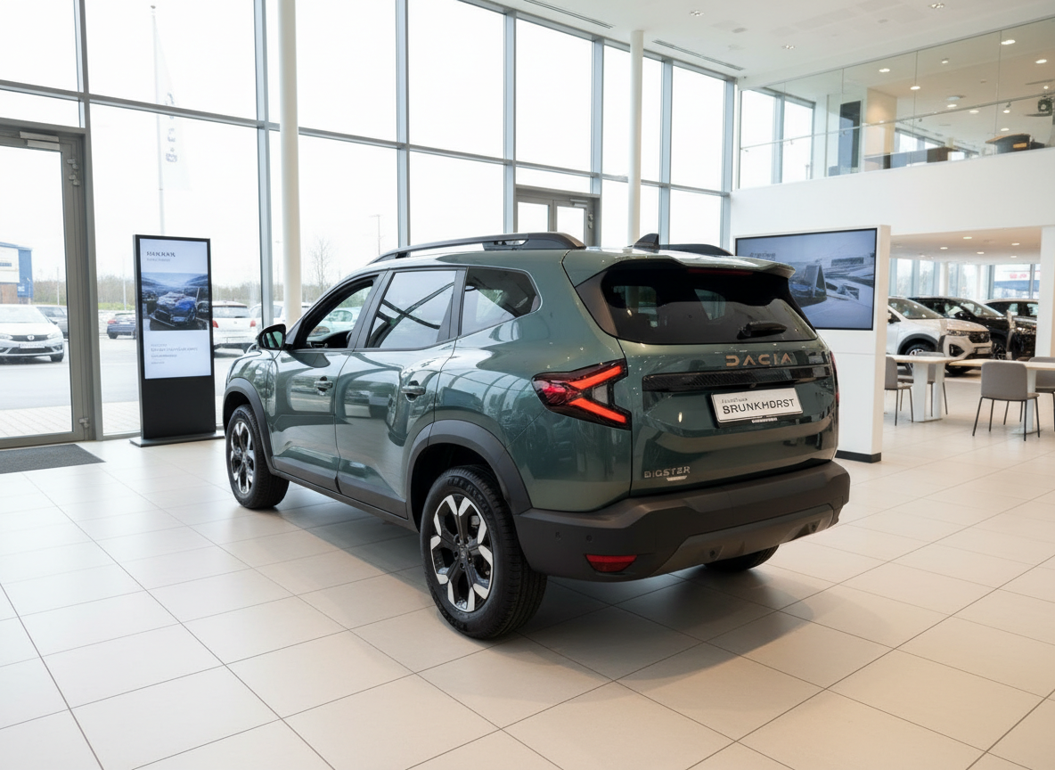 Dacia Bigster SUV in Dunkelgrün Heckansicht im Autohaus Srunkhorst Showroom