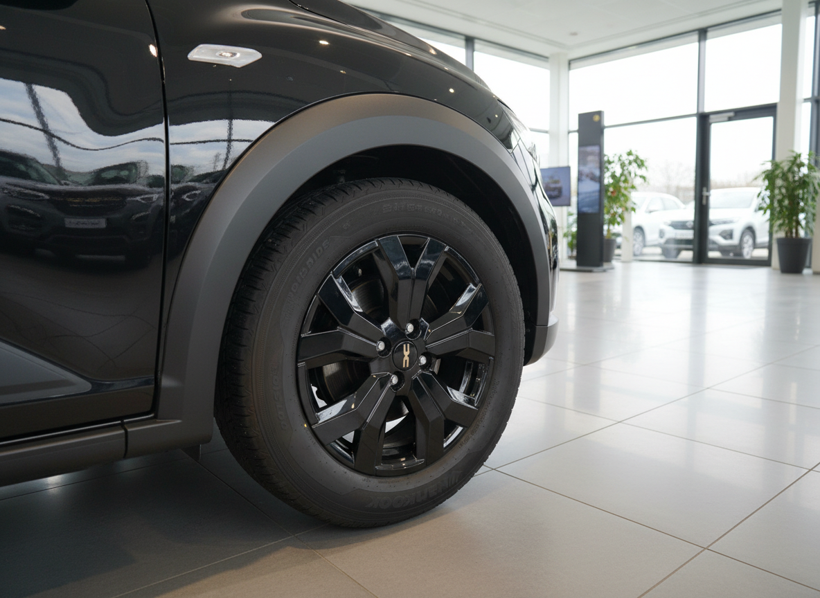 Schwarzes SUV mit schwarzen Leichtmetallfelgen im Autohaus-Showroom, Detailansicht Vorderrad