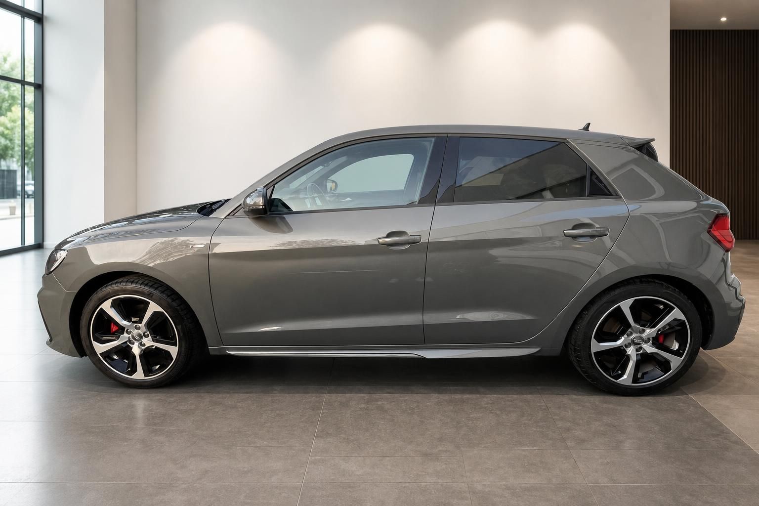Audi A1 Seitenansicht in Grau mit Sportfelgen im Autohaus