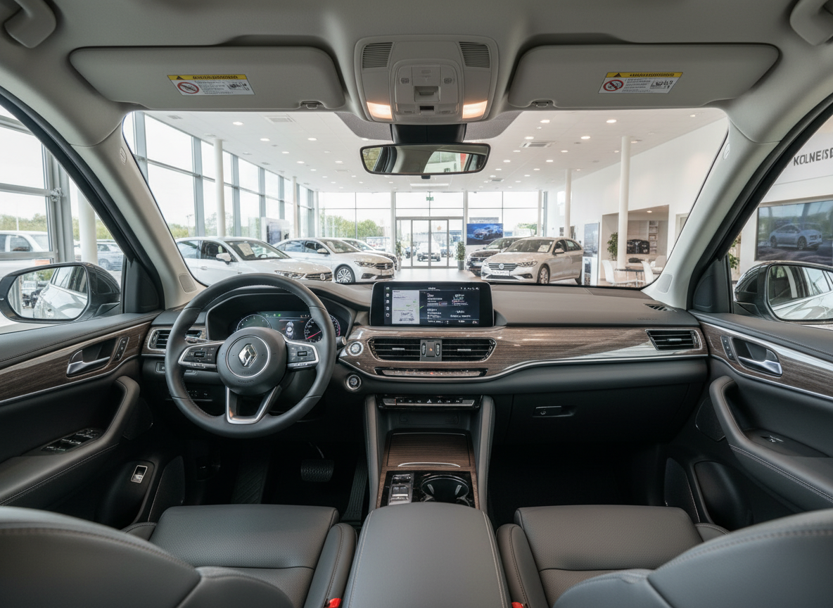 Renault SUV Innenraum mit Cockpit, Lenkrad und Infotainment-Display im Autohaus