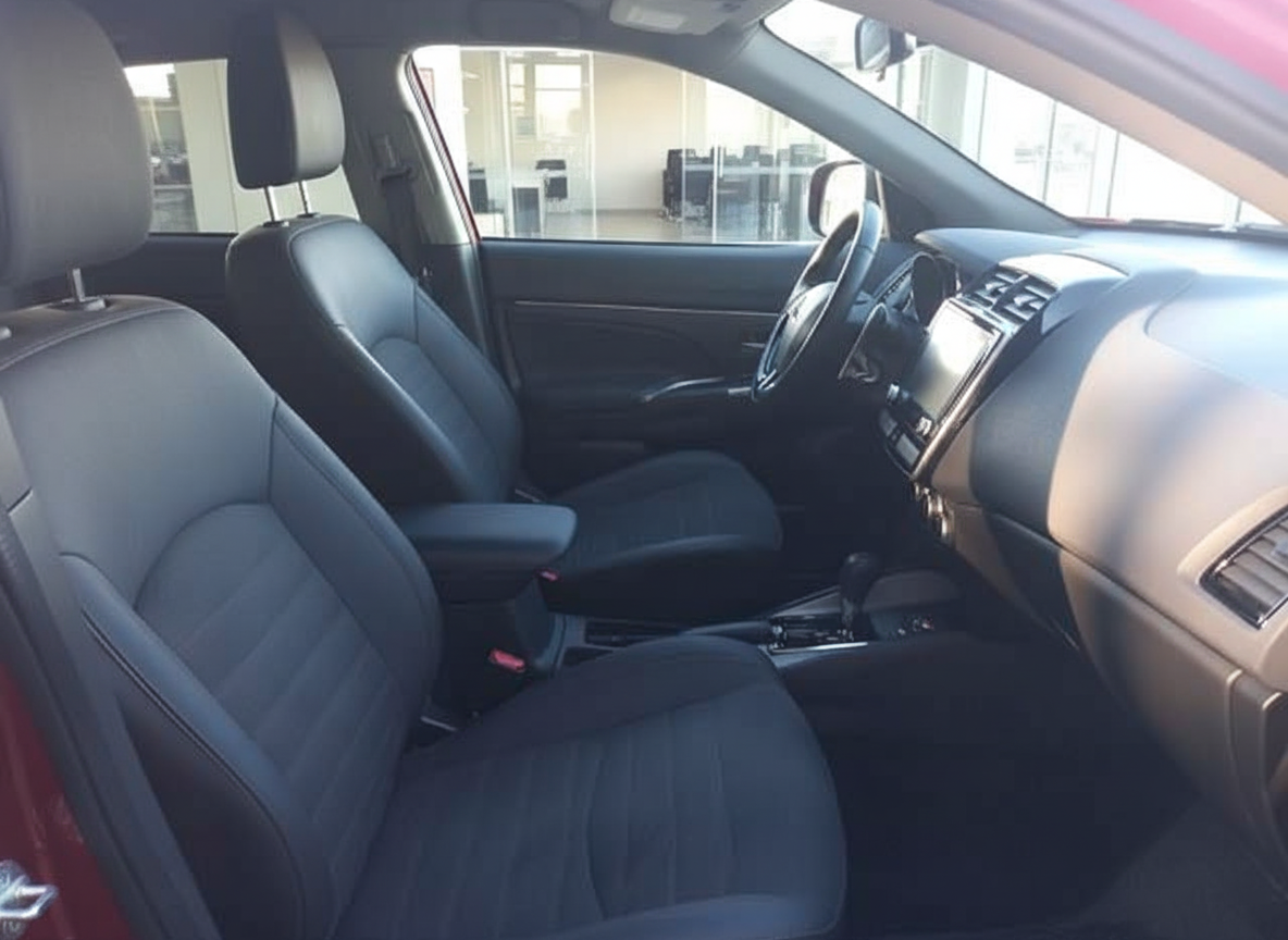 Fahrzeuginnenraum mit schwarzen Stoffsitzen, Mittelkonsole und Touchscreen-Infotainmentsystem