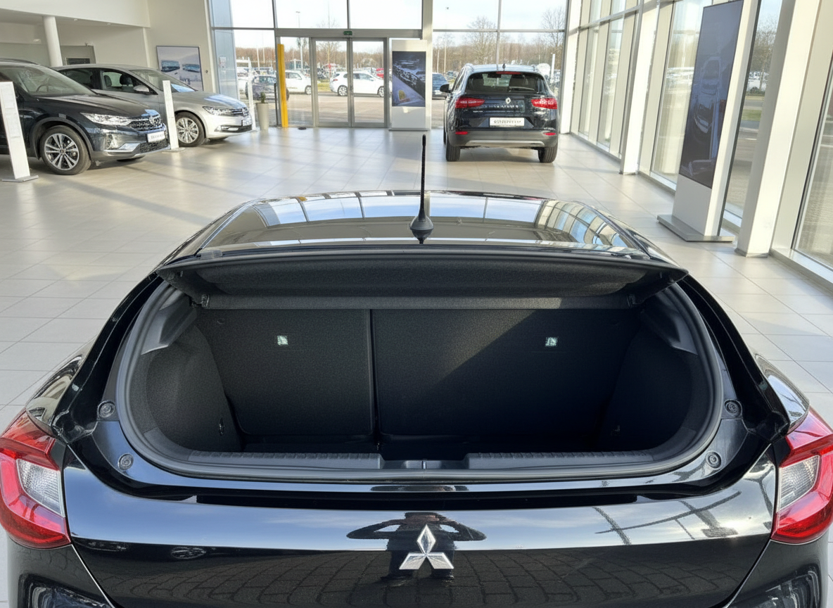Mitsubishi schwarzer Kofferraum geöffnet im Autohaus Showroom
