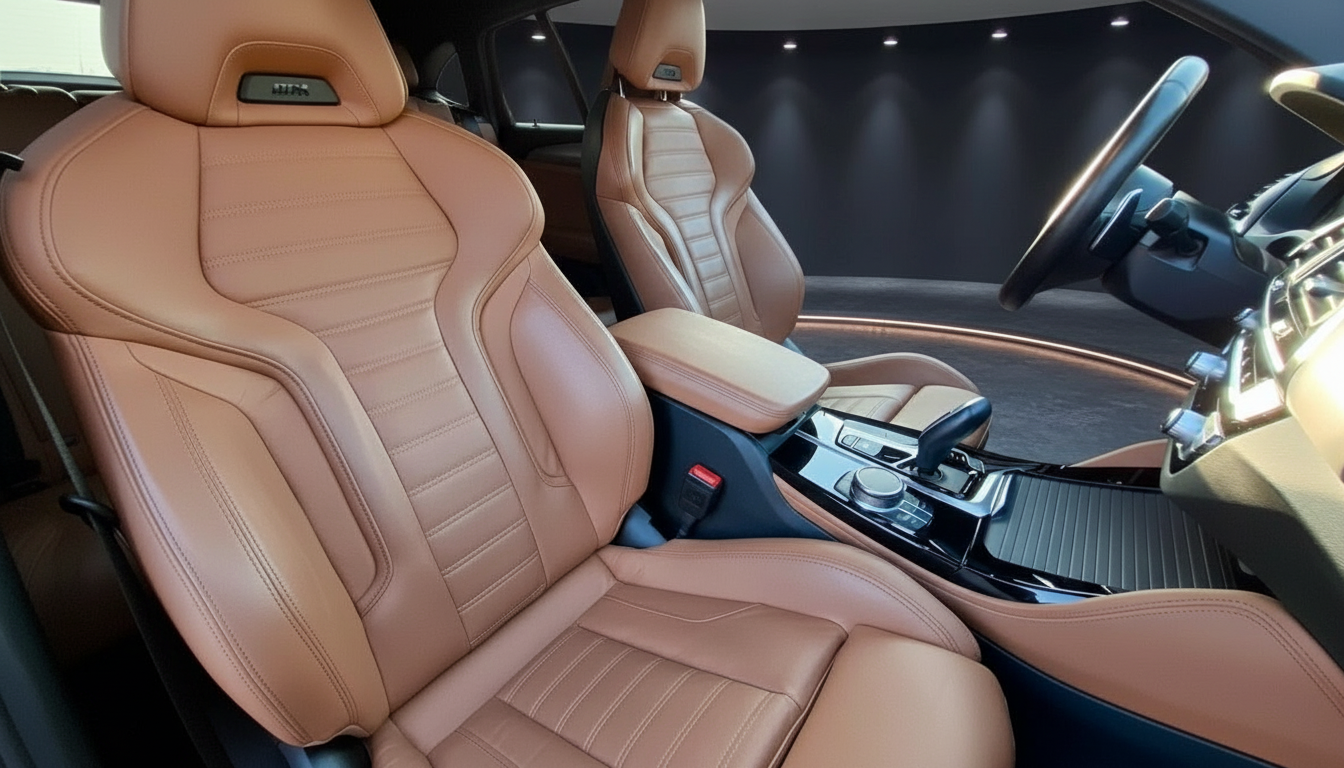 Luxuriöser Fahrzeuginnenraum mit cognacfarbenen Ledersitzen und modernem Mitteltunnel