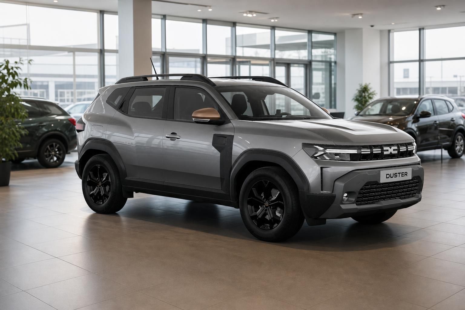 Dacia Duster grau Frontansicht schräg im Autohaus