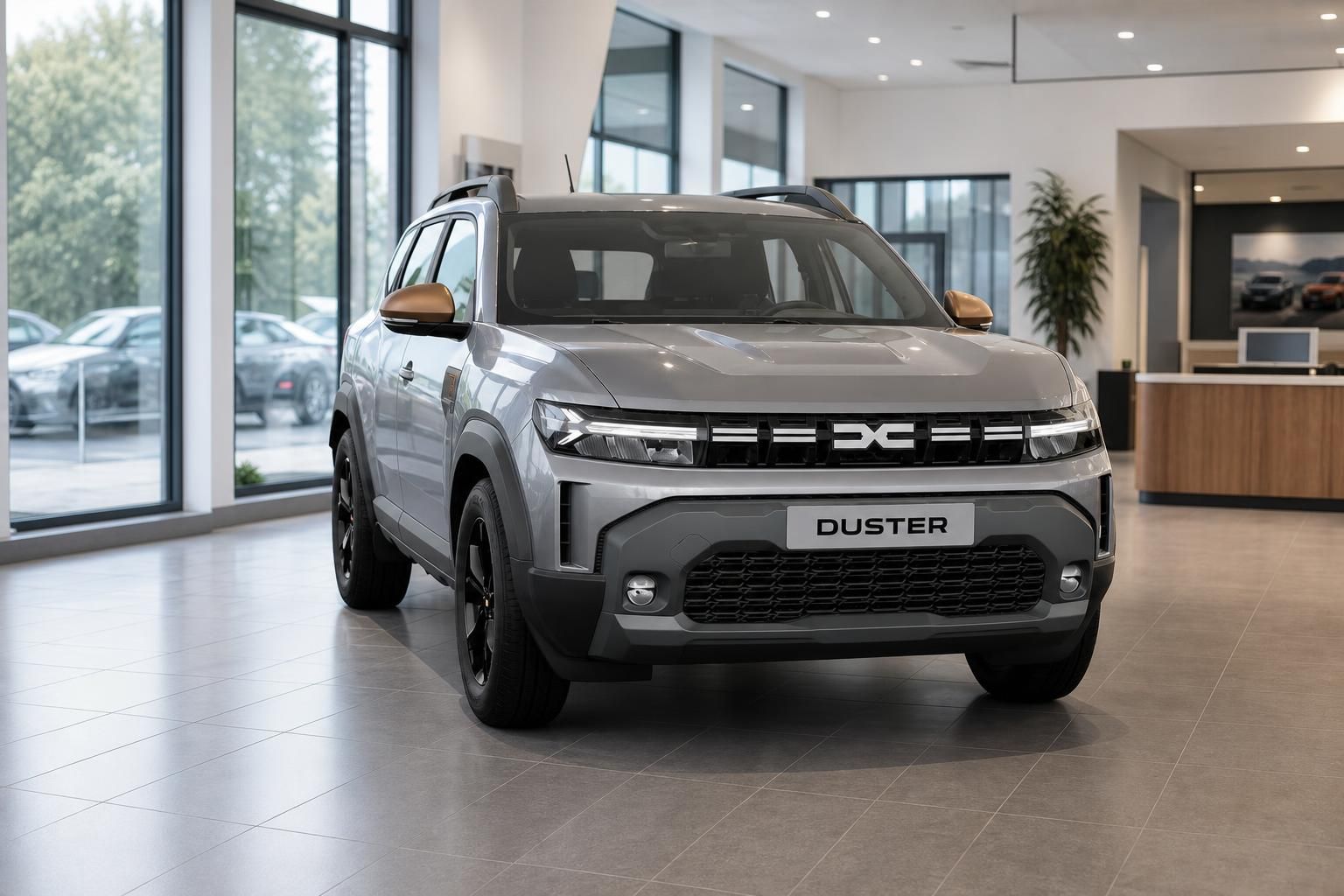 Dacia Duster in Grau, Frontansicht im Autohaus-Showroom