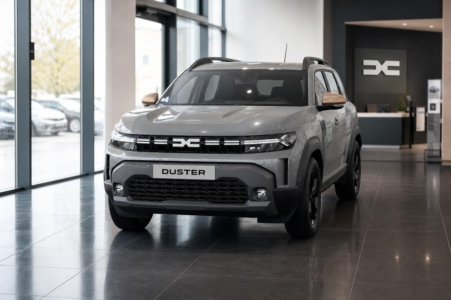 Dacia Duster Frontansicht in silber-grau im Autohaus Showroom