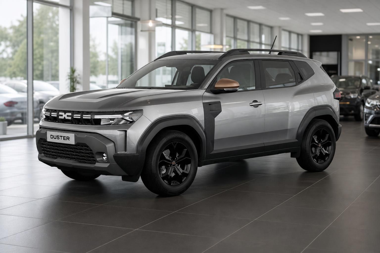 Dacia Duster Silber von vorne schraeg im Autohaus-Showroom