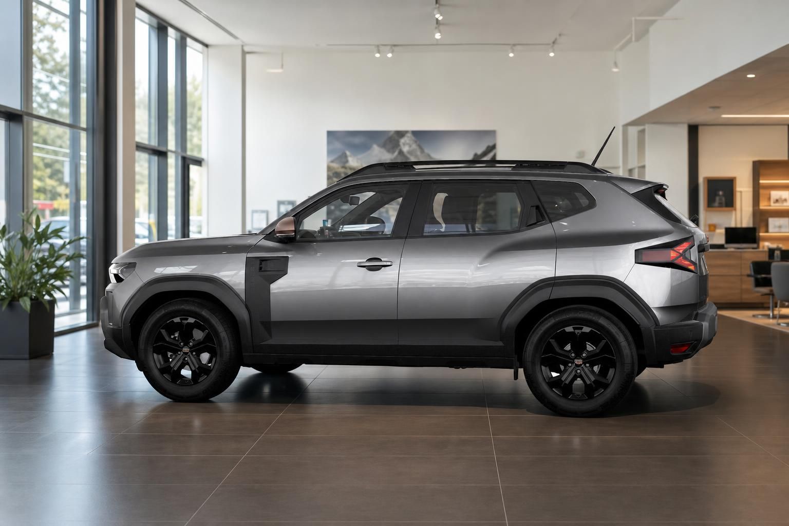 Dacia Duster in Grau, Seitenansicht im modernen Showroom