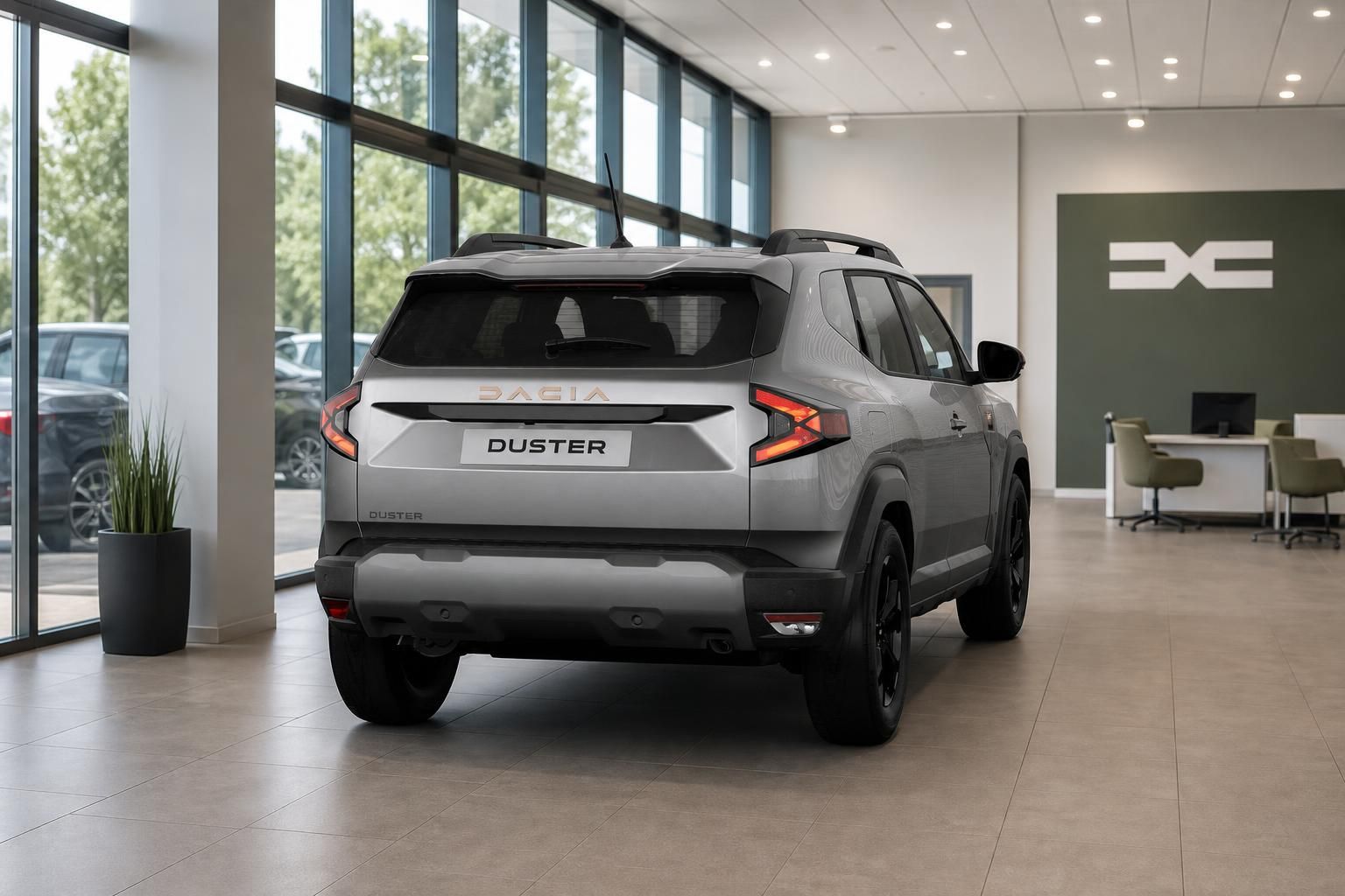 Dacia Duster grau in Heckansicht im Autohaus Showroom