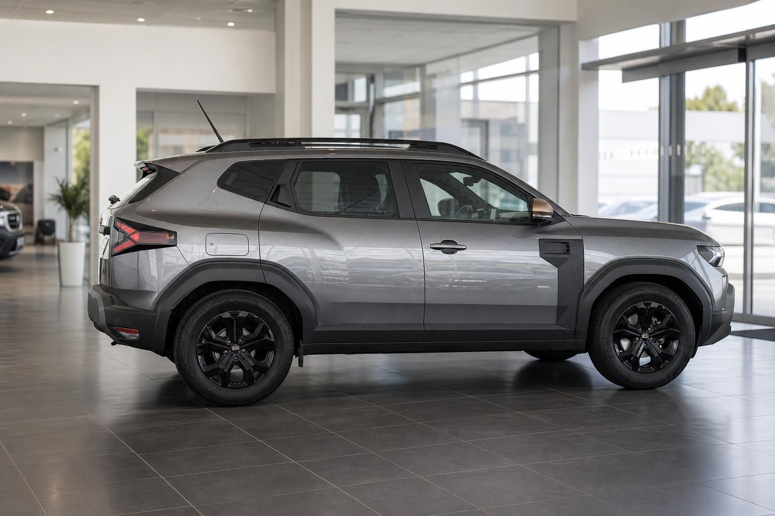 Dacia Duster grau Seitenansicht Fahrerseite im Showroom