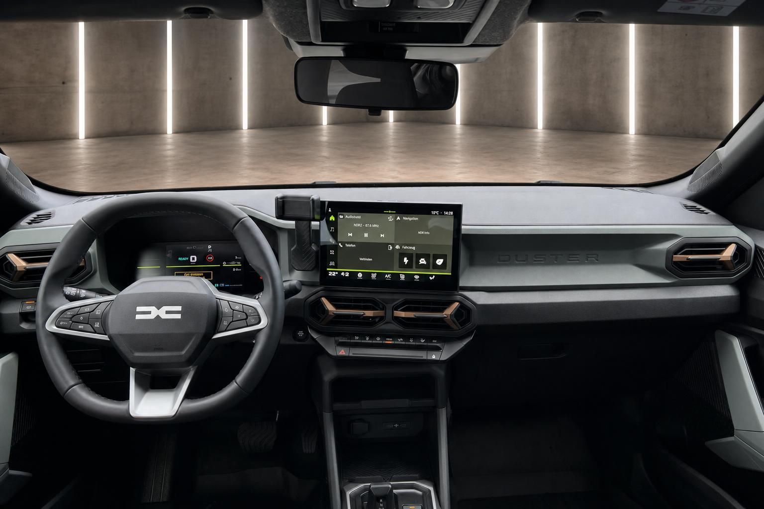 Modernes Fahrzeug-Cockpit mit digitalem Display und schwarzer Innenausstattung