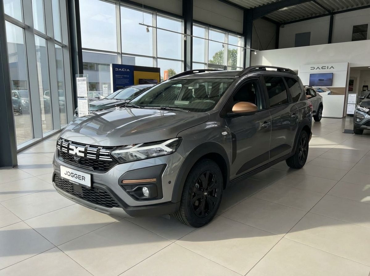 Grauer Dacia Jogger mit schwarzen Felgen im Dacia Autohaus Showroom