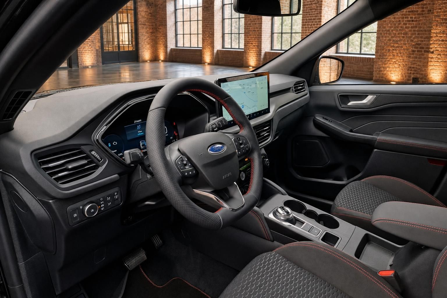 Ford Innenraum mit Lenkrad, Cockpit und Touchscreen-Navigation