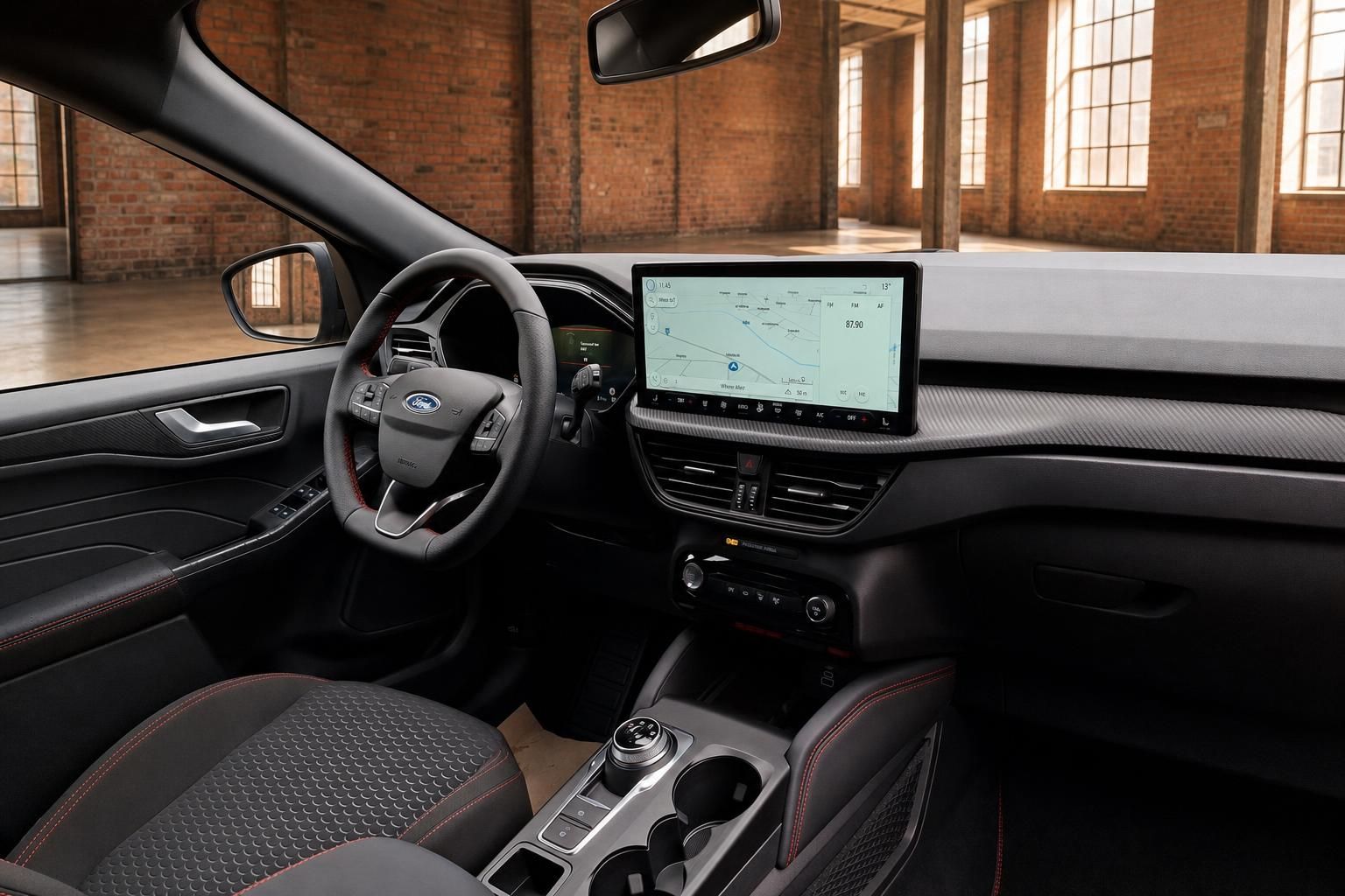 Ford Cockpit mit Touchscreen Navigation, Lenkrad und Mittelkonsole im Detail