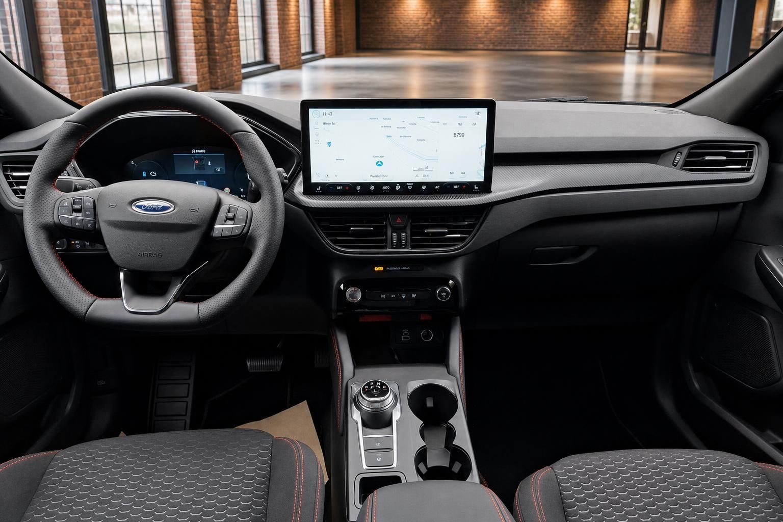 Ford Cockpit Frontansicht mit Lenkrad, Touchscreen und Mittelkonsole