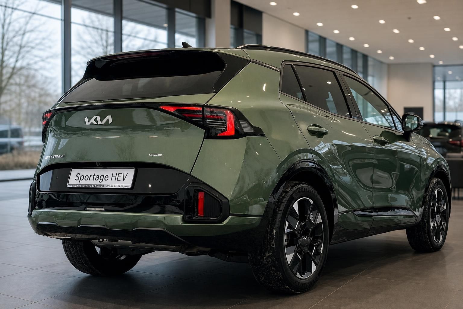 Kia Sportage HEV grün, Heckansicht in der Ausstellung