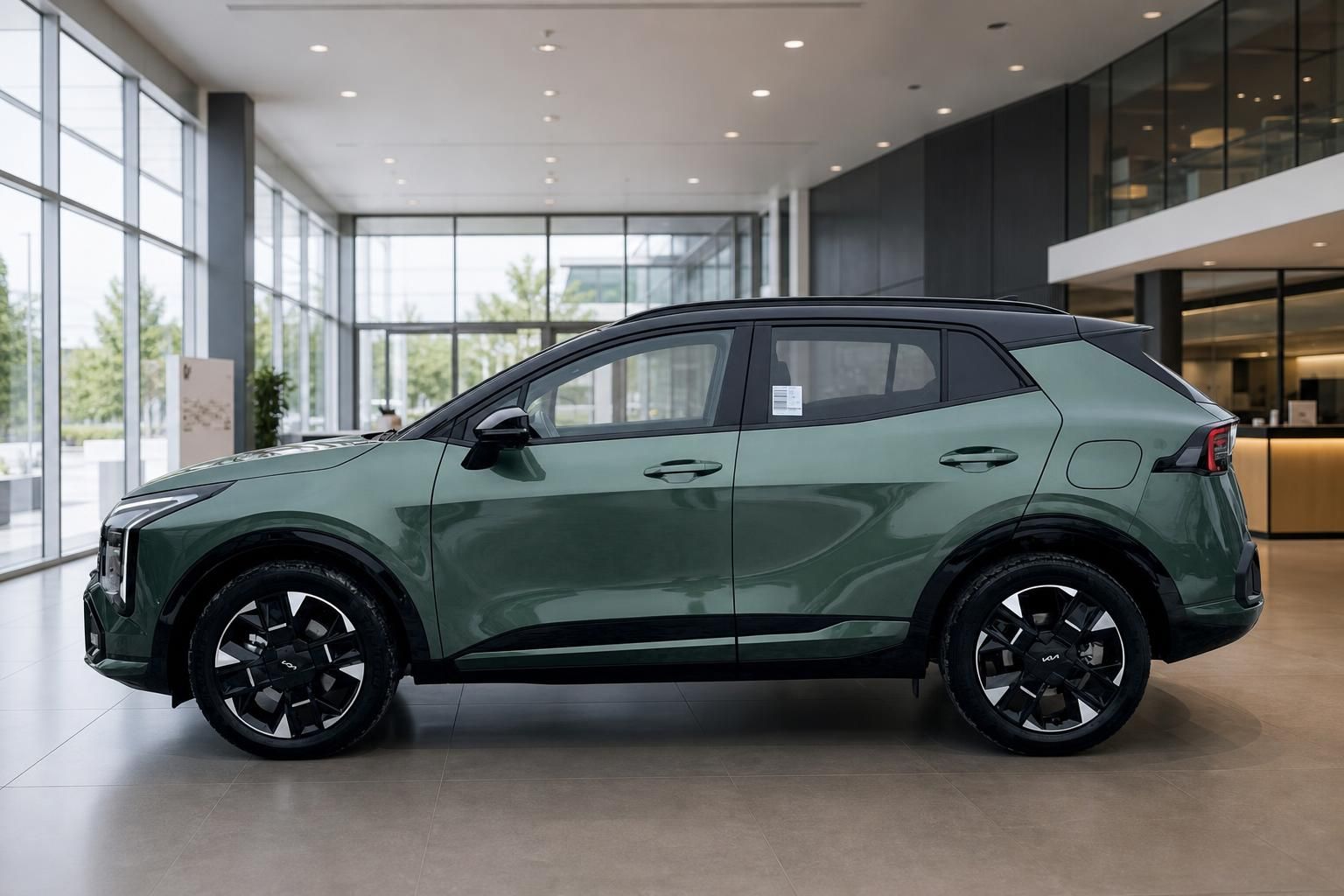 Kia Sportage HEV grün, Seitenansicht im Showroom