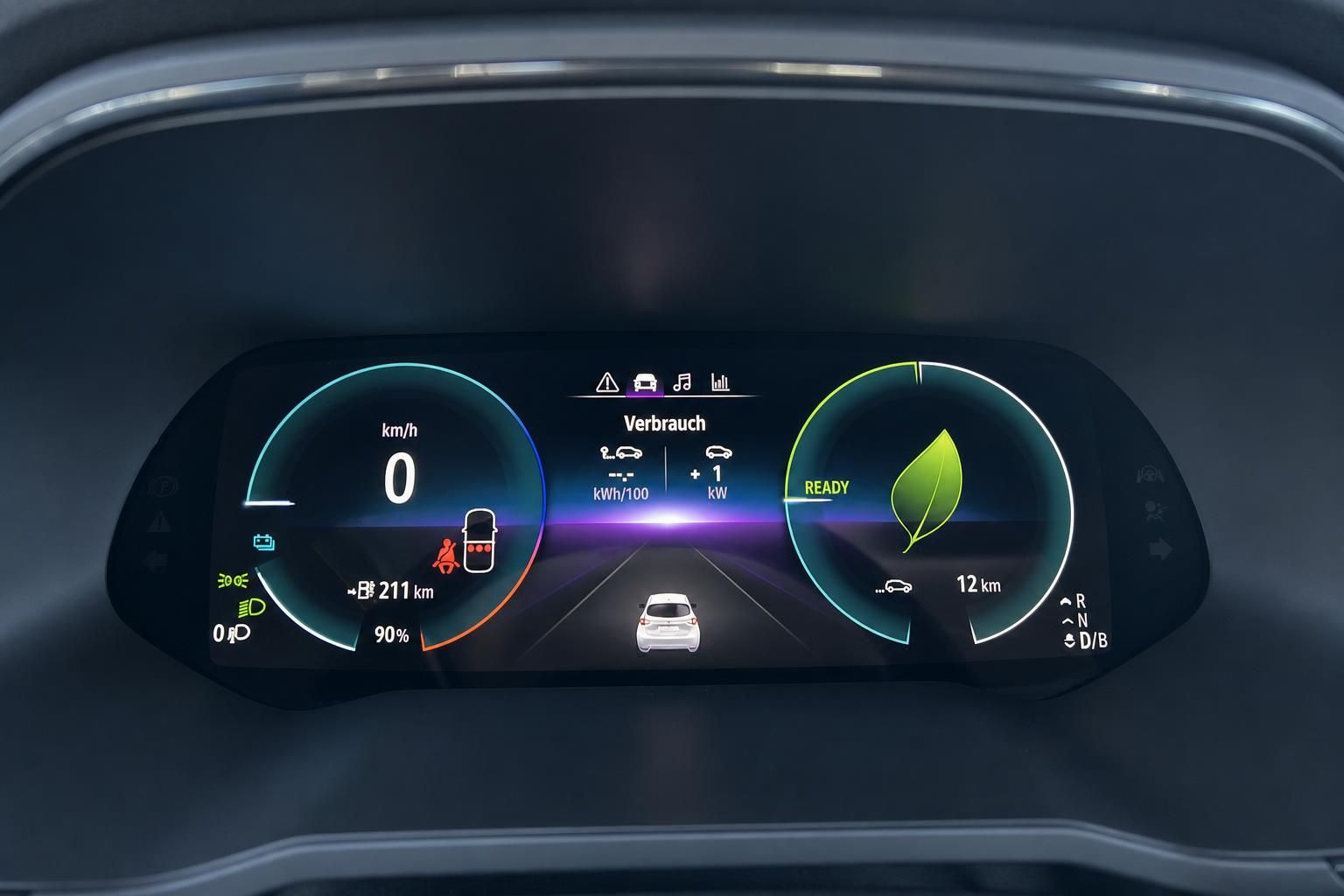 Digitales Armaturenbrett mit Elektrofahrzeug-Anzeigen und Verbrauchsanzeige