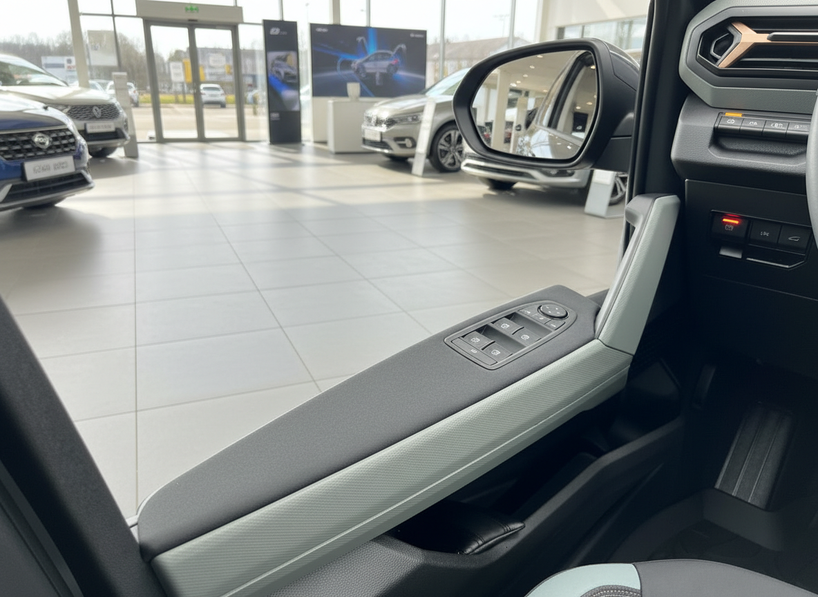 Fahrzeuginnenraum Fahrertür mit Fensterheber und Spiegelverstellung im Autohaus