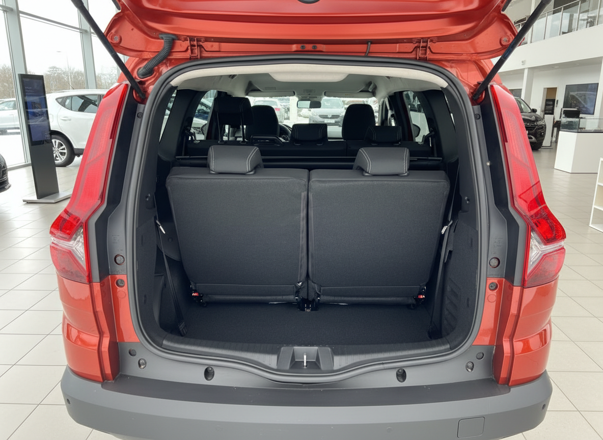 Roter SUV Kofferraum geöffnet mit dritter Sitzreihe im Autohaus