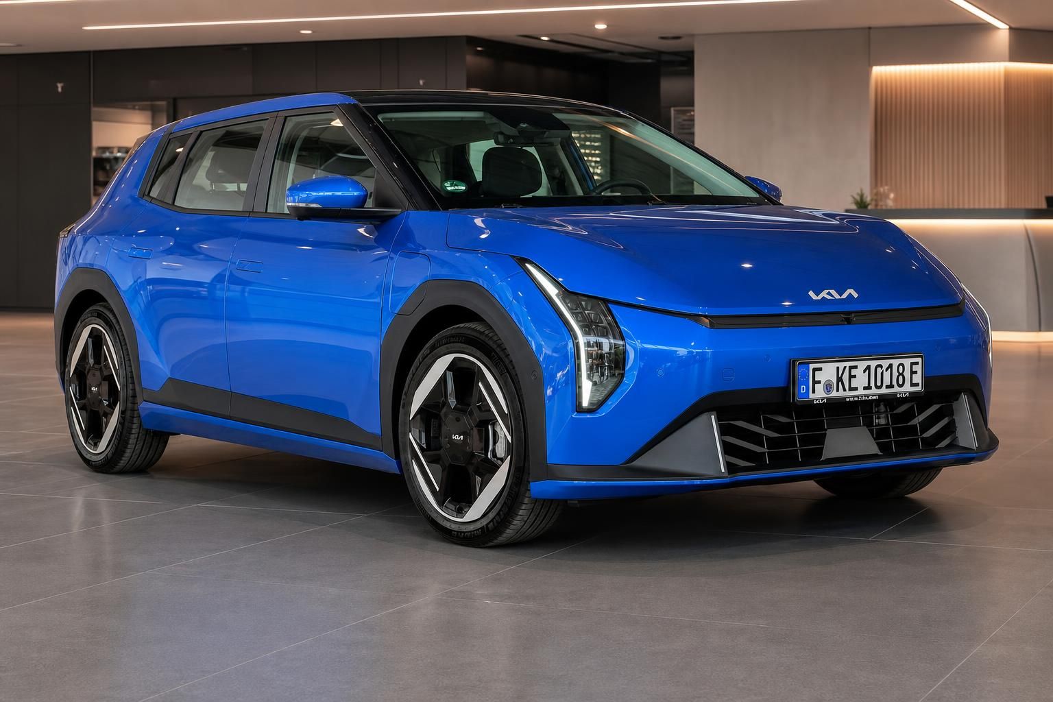 Blauer Kia EV4 in Frontansicht im Autohaus-Showroom
