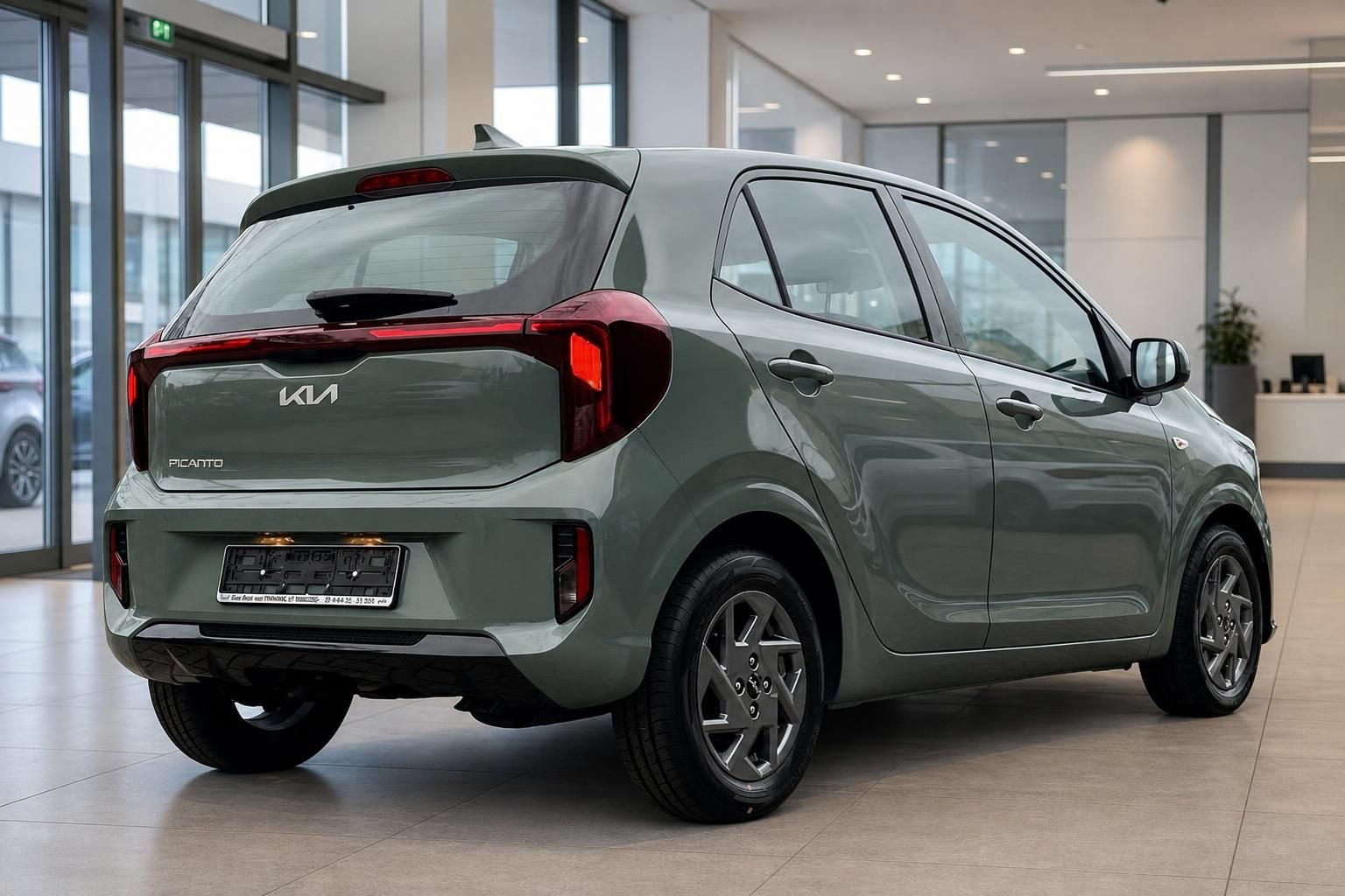 Kia Picanto in Gruen, Heckansicht schraeg im Autohaus