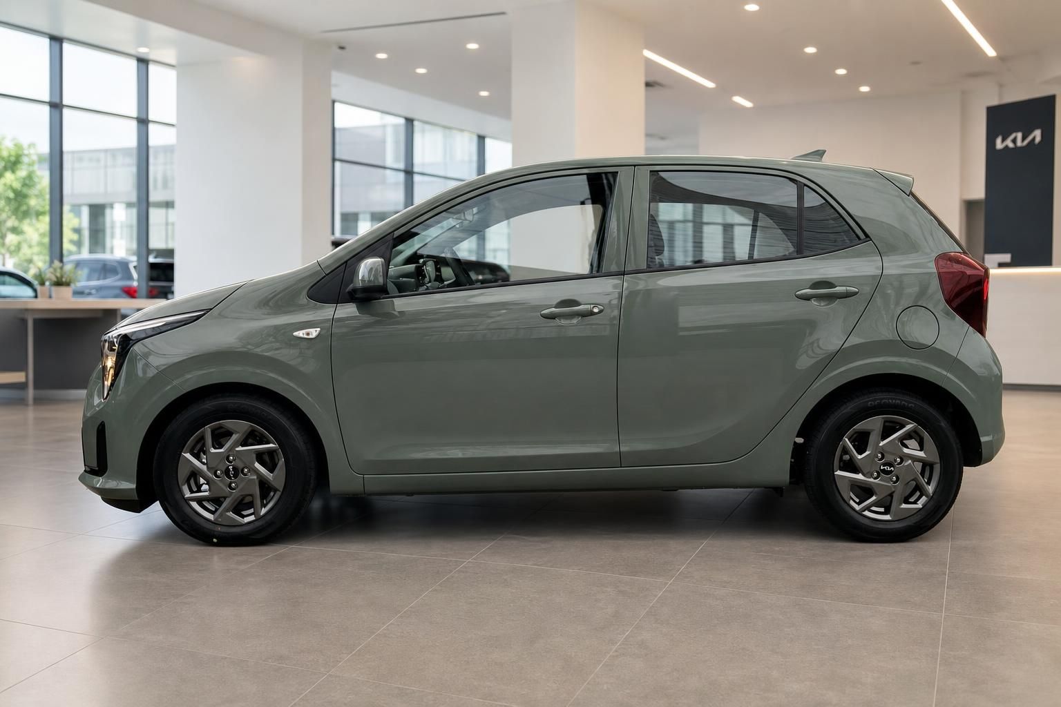 Kia Picanto in Gruen, Seitenansicht im Showroom