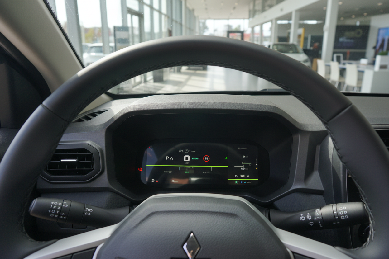 Renault Innenraum mit digitalem Cockpit und Lenkrad in modernem Autohaus