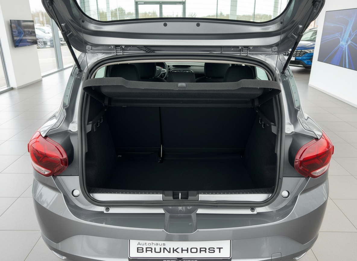 Kofferraum geöffnet silberner Dacia Sandero bei Autohaus Brunkhorst mit umklappbarer Rücksitzbank