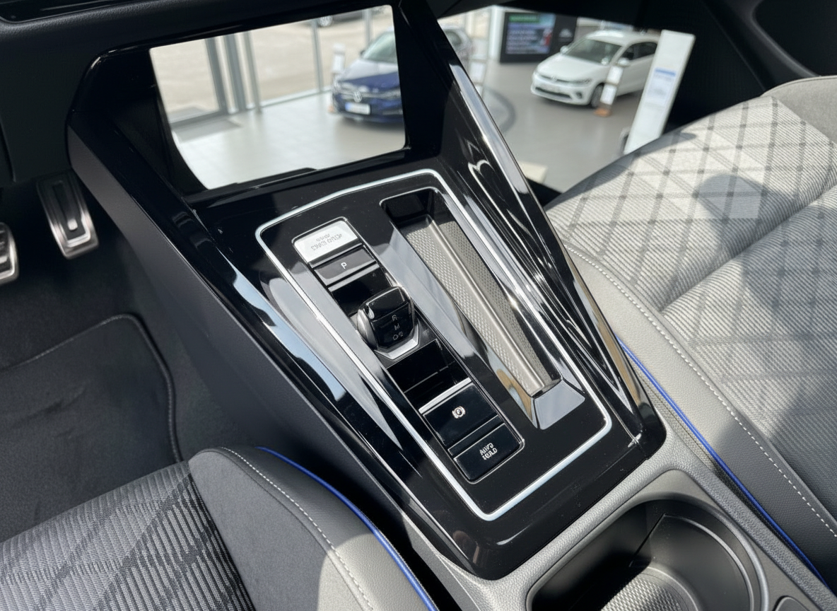 Volkswagen Innenraum Mittelkonsole mit Gangwahlschalter, grau-karierter Sitzausstattung und blauer Ambientebeleuchtung