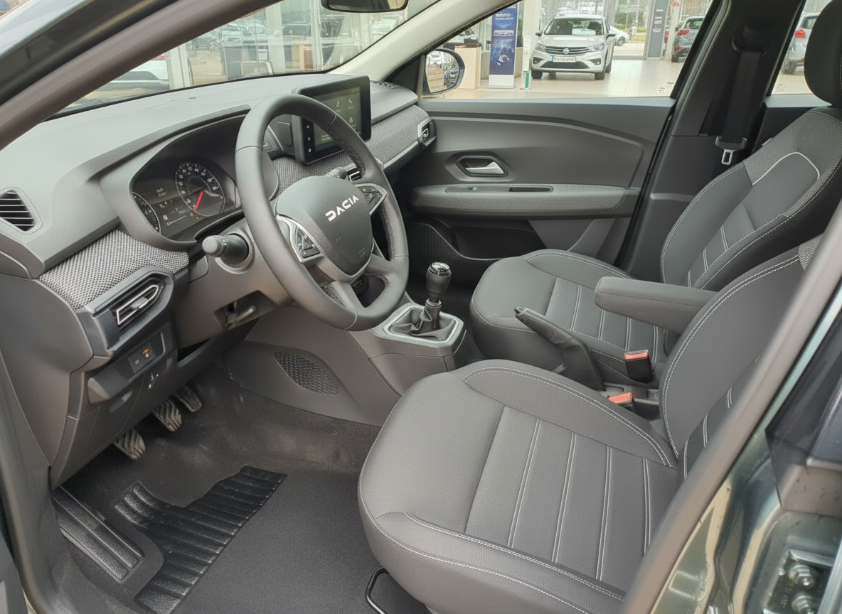 Dacia Innenraum mit Lenkrad, Schaltgetriebe und grauen Stoffsitzen mit Kontrastnähten