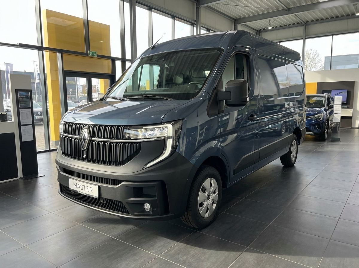 Renault Master Kastenwagen in Dunkelgrau im Autohaus-Showroom, Frontansicht