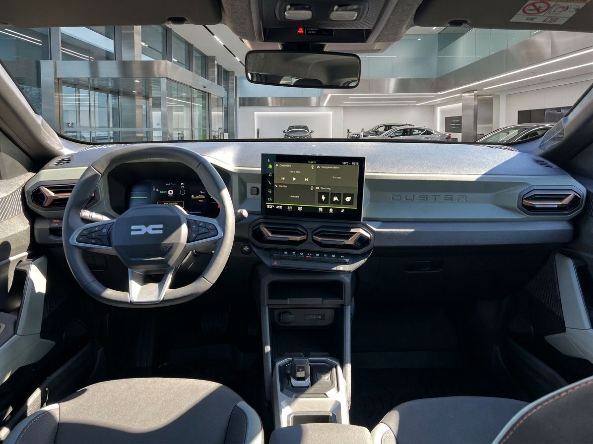 Modernes Fahrzeug-Cockpit mit digitalem Display und Lenkrad im Autohaus-Showroom