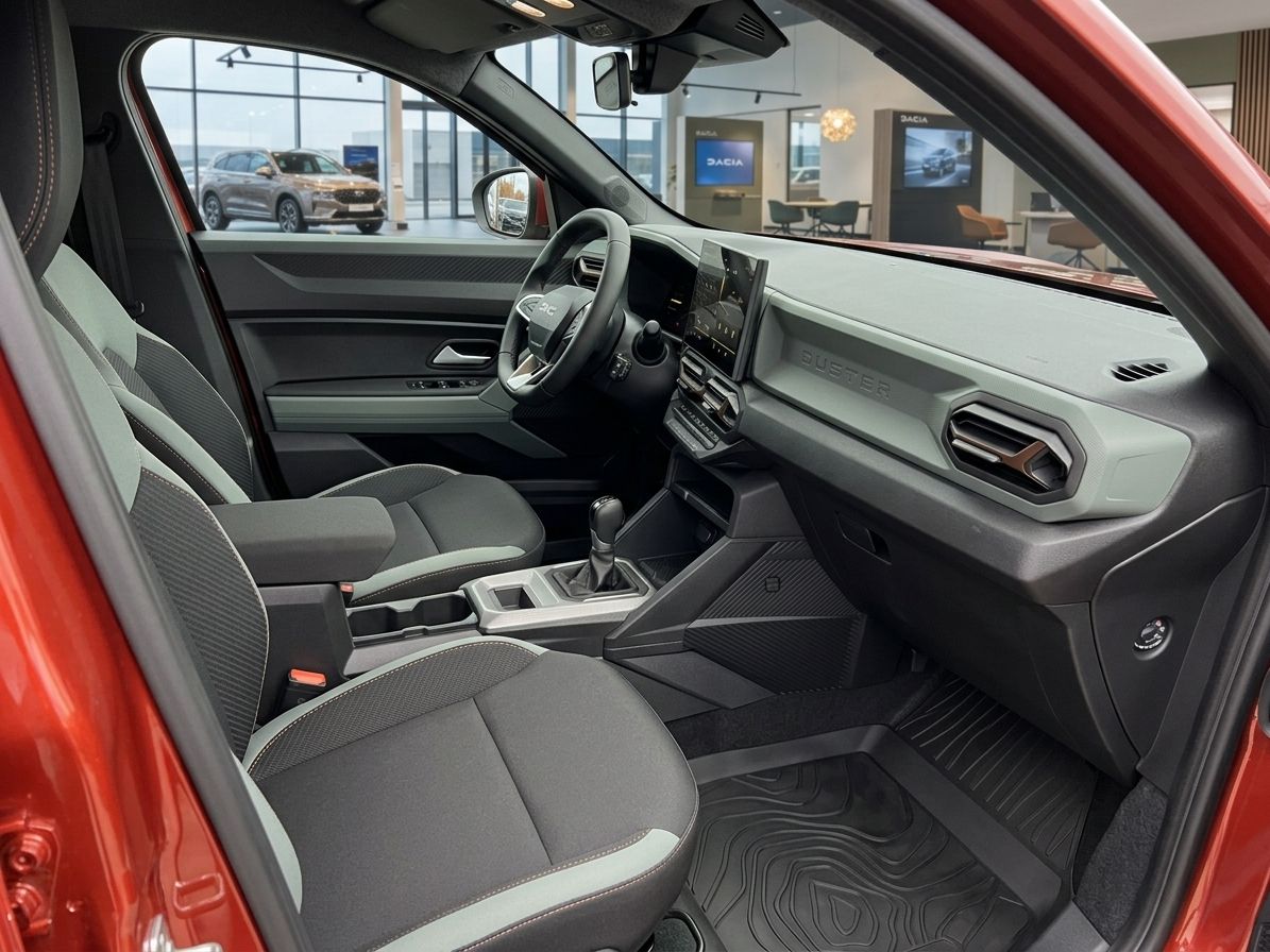 Fahrzeug-Innenraum mit grauen Sitzen und modernem Armaturenbrett