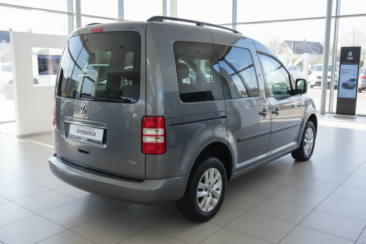 VW Caddy TDI grau Heckansicht im Autohaus Wiebusch Ausstellungsraum