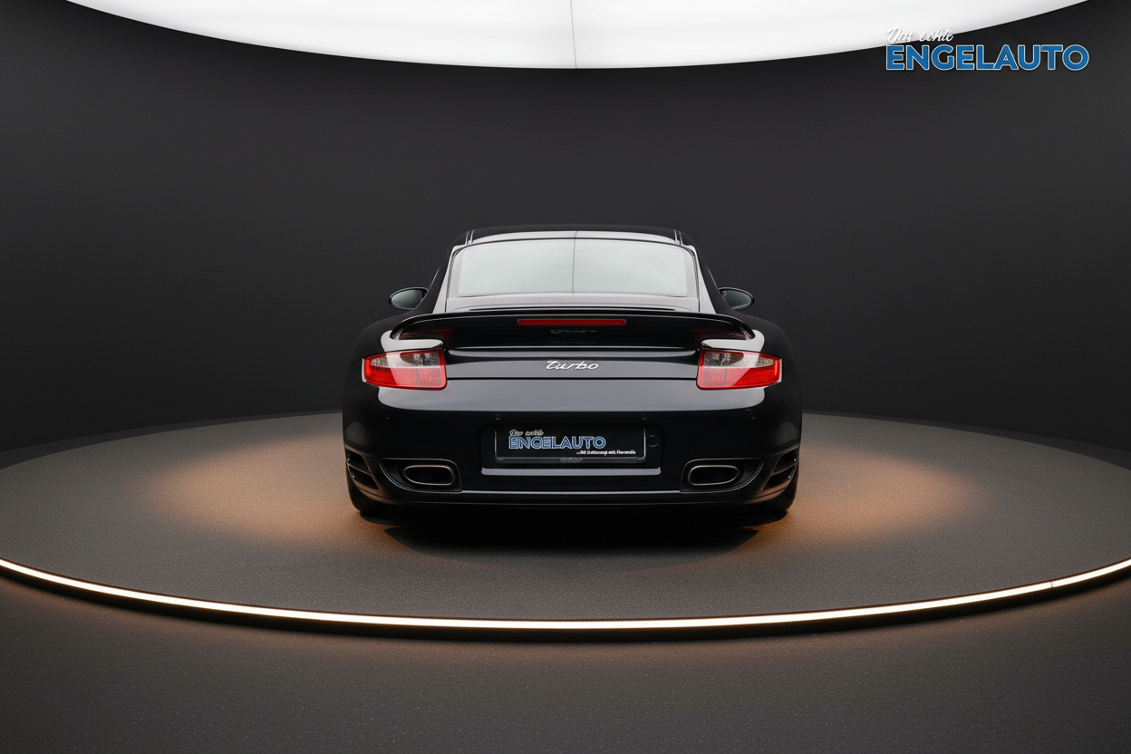 Schwarzer Porsche 911 Turbo Heckansicht im Showroom bei Engelauto - Premium Sportwagen mit charakteristischen Rückleuchten und Doppelauspuff