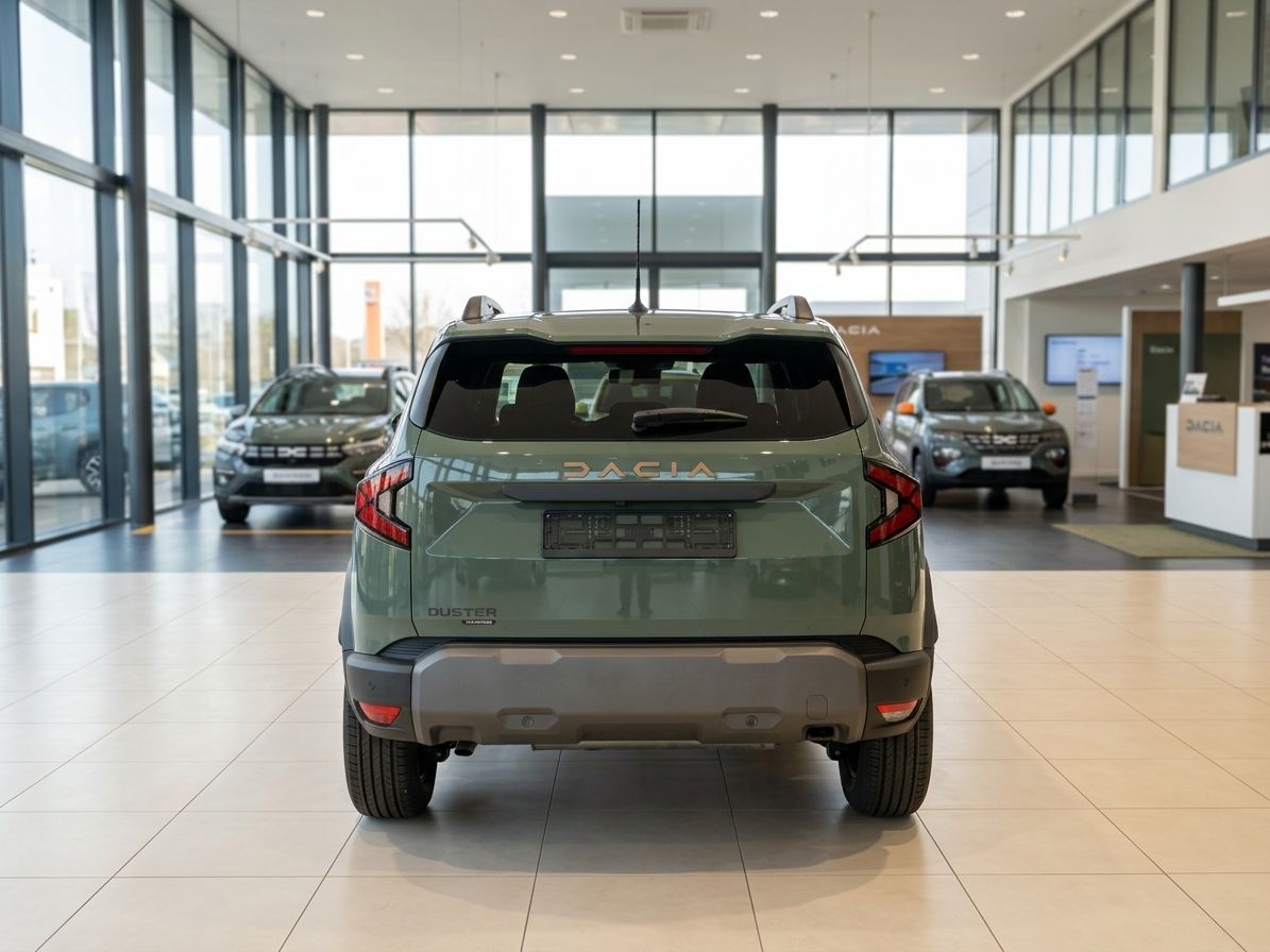 Dacia Duster Heckansicht in grün-blau metallic im Autohaus Showroom