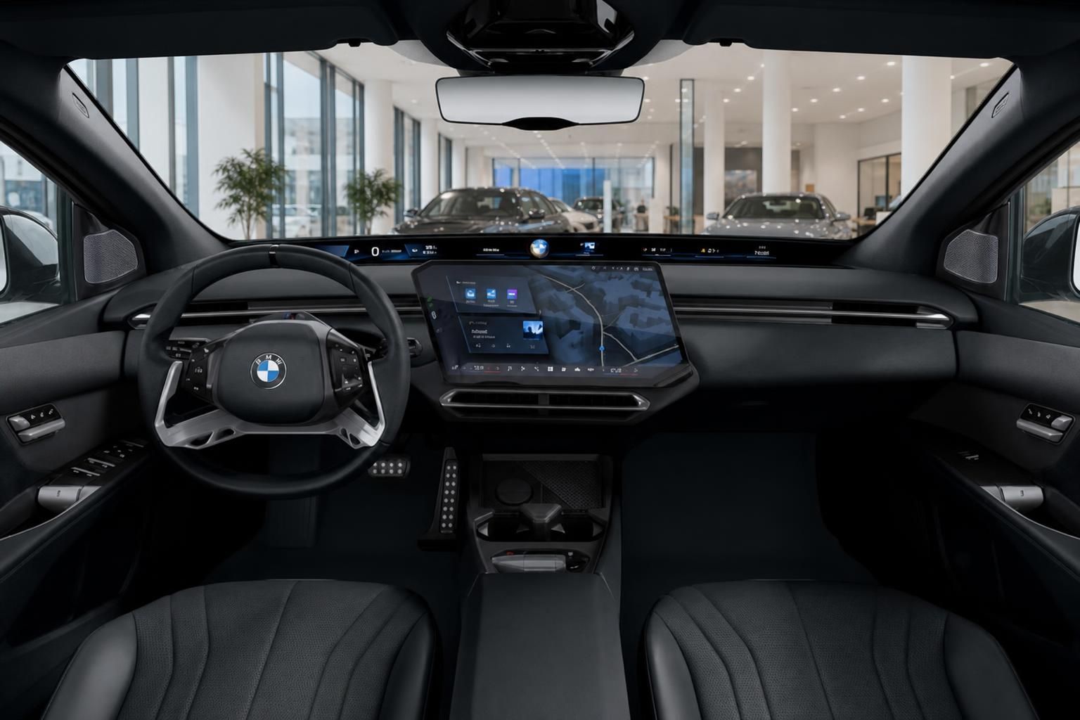 BMW Innenraum mit Cockpit, Lenkrad und Curved Display im Showroom