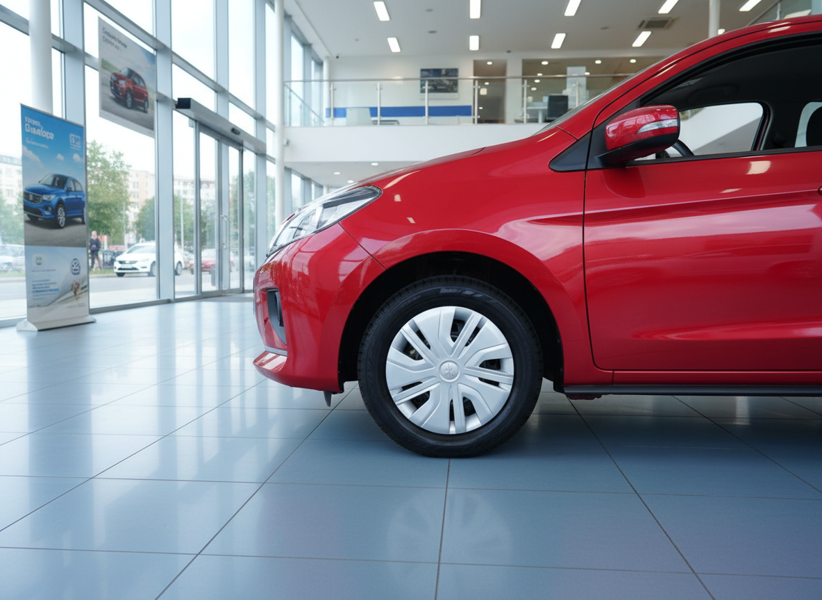 Roter Kleinwagen im Autohaus-Showroom, Frontansicht mit Stahlfelge