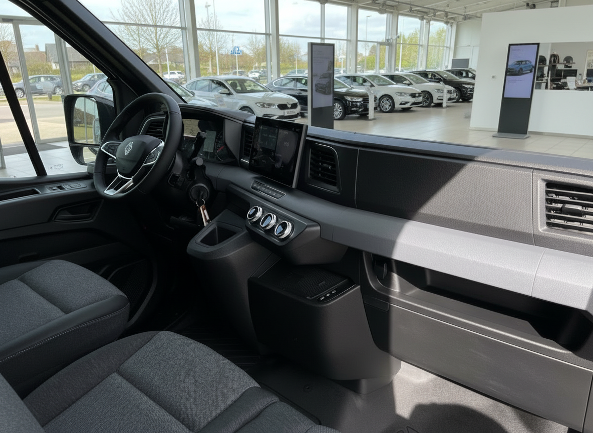 VW Crafter Innenraum mit Cockpit, Infotainment-Display und Lederlenkrad im VW-Autohaus