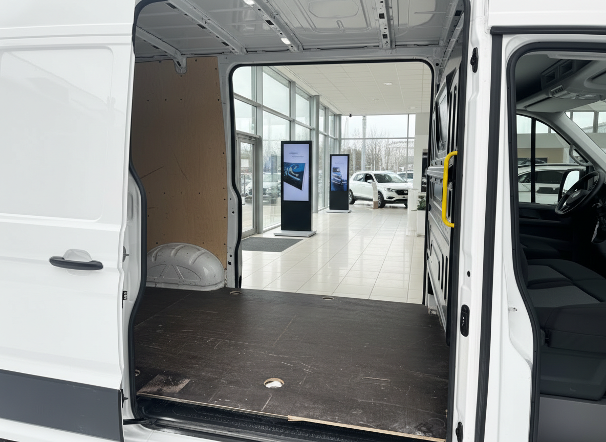 Weißer Transporter Laderaum geöffnet mit Blick in VW-Autohaus Showroom