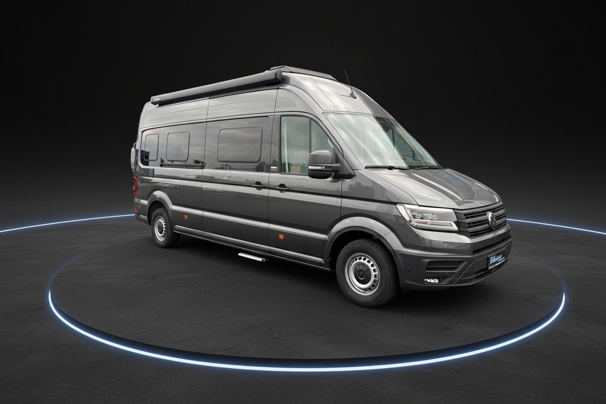 Grauer Volkswagen Crafter Wohnmobil Campervan mit Hochdach und Markise in professioneller Studioaufnahme vor schwarzem Hintergrund mit blauem Lichtkreis