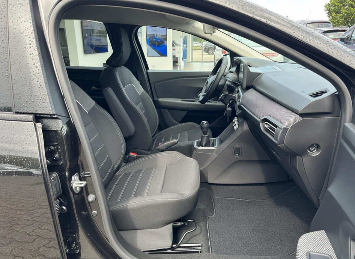 Dacia Sandero Innenraum Beifahrerseite mit Stoffsitzen und Schaltgetriebe bei Autohaus