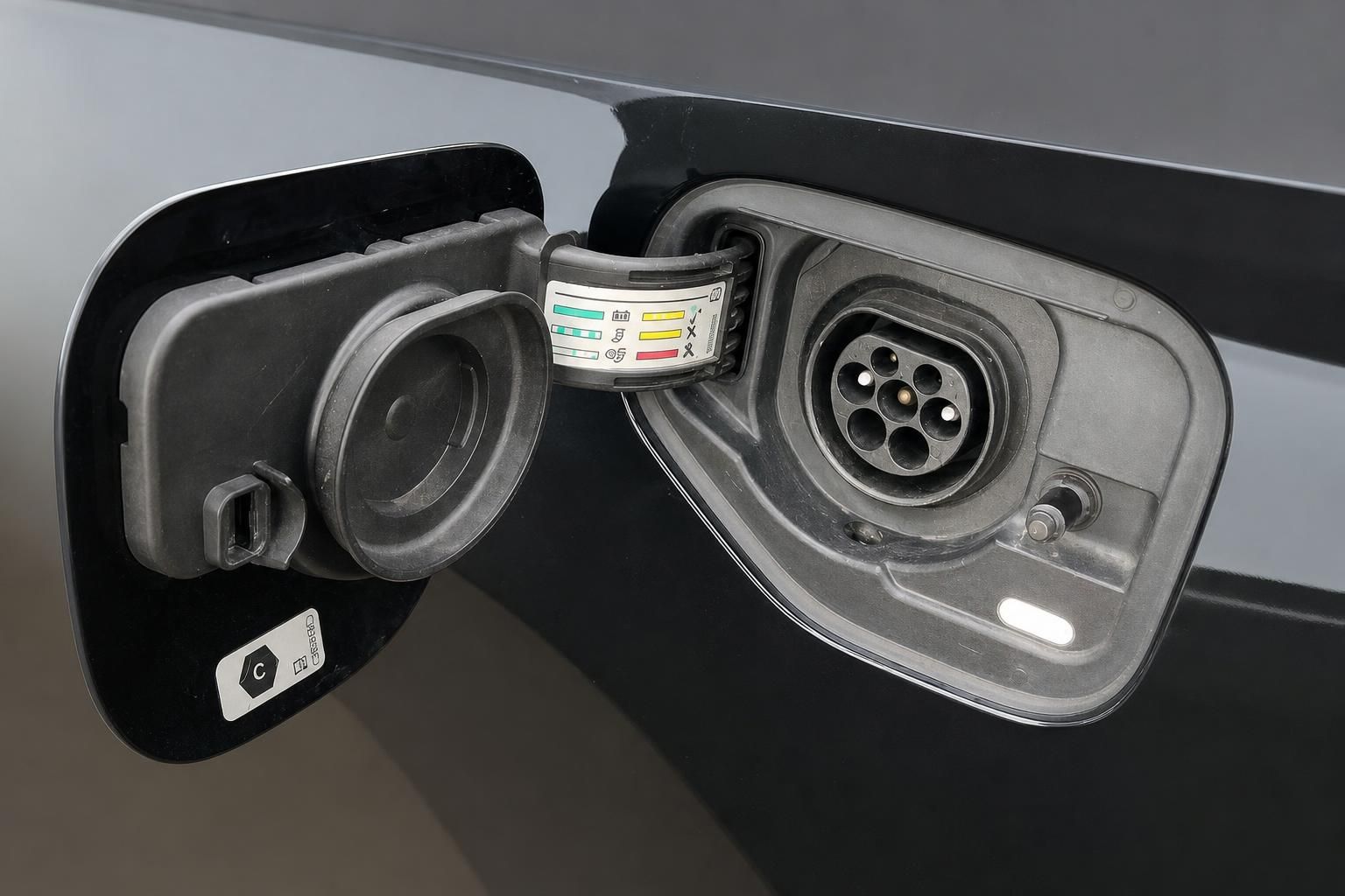 Ladeanschluss und Tankdeckel eines Elektrofahrzeugs im Detail