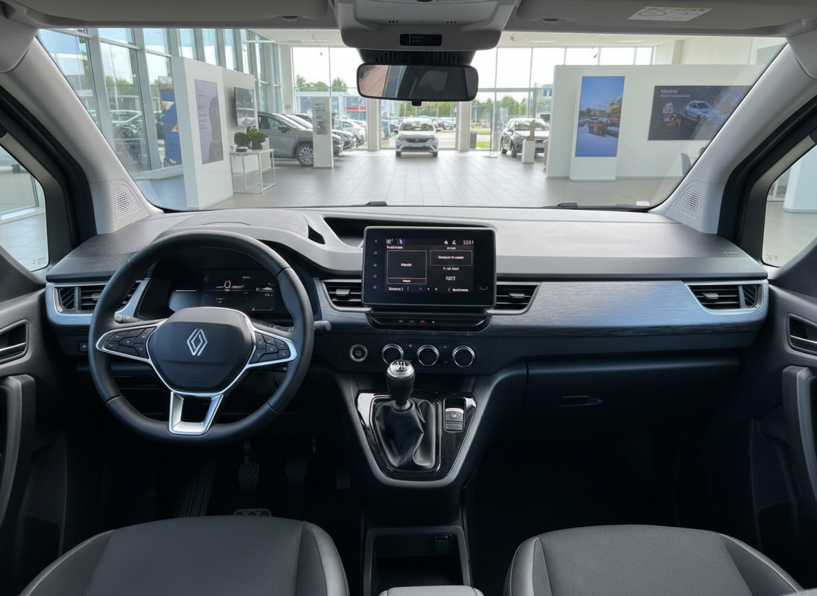 Renault Kangoo Innenraum mit Touchscreen, Schaltgetriebe und modernem Cockpit im Autohaus